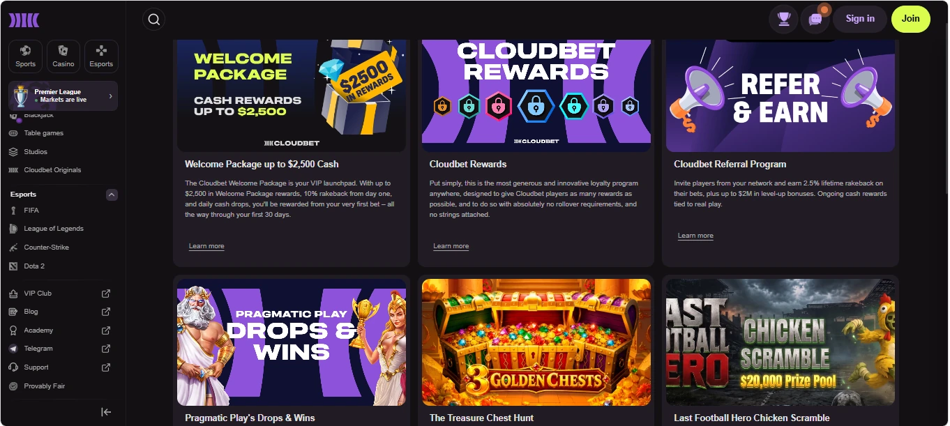 Cloudbet casino screen